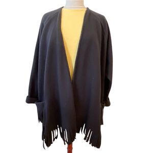 Forenza Fleece FRINGE Open Front Cardigan Black LAGENLOOK Oversized Goth OS EUC